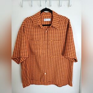 Zara Men's Orange Plaid Casual Shirt